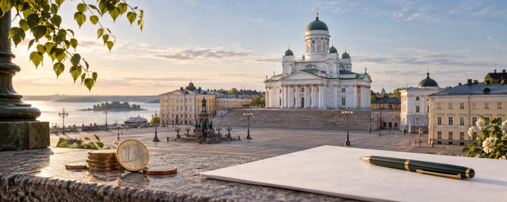 Illustration des Doms von Helsinki mit Euro-Münzen und Unterlagen