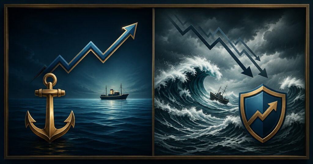 Geteilte Meeresdarstellung mit Anker, steigender Kurve, Sturm und Schutzschild als Symbol für Chancen und Risiken von Dividendenstrategien